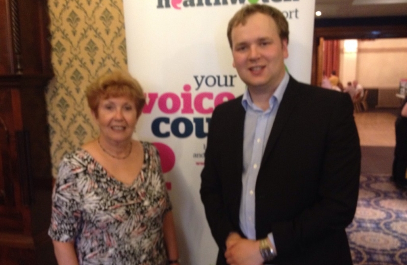 William Wragg with a Director of HealthWatch Stockport, Sue Carroll